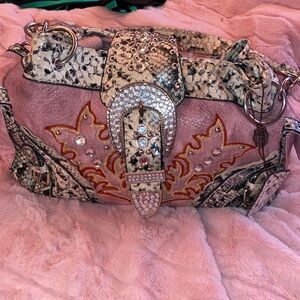 Embellished Pink and Snake Print Shoulder Bag